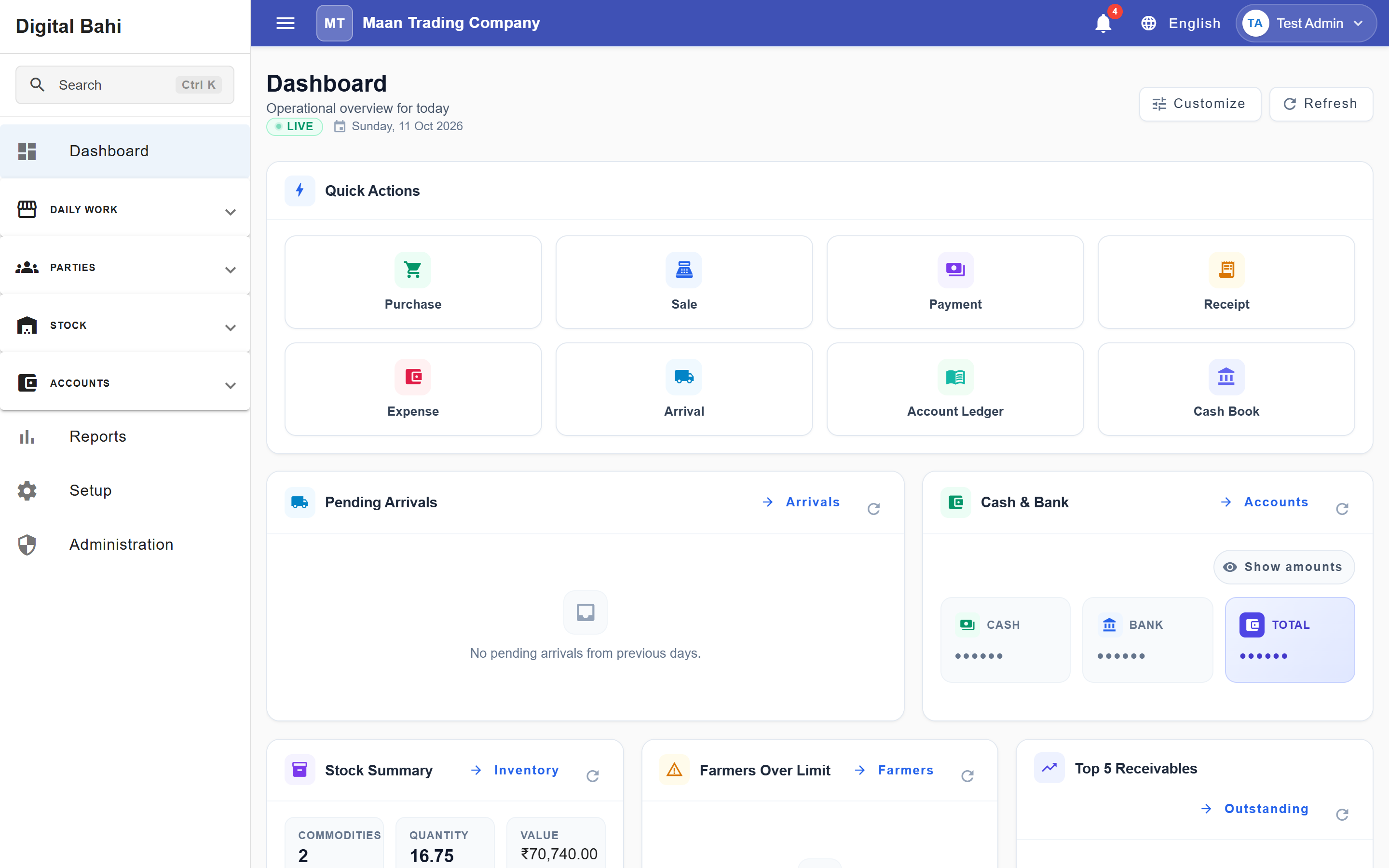 Digital Bahi daily mandi overview dashboard showing live arrival registers, bags, weight in quintals, outward billing, and cash bank balance