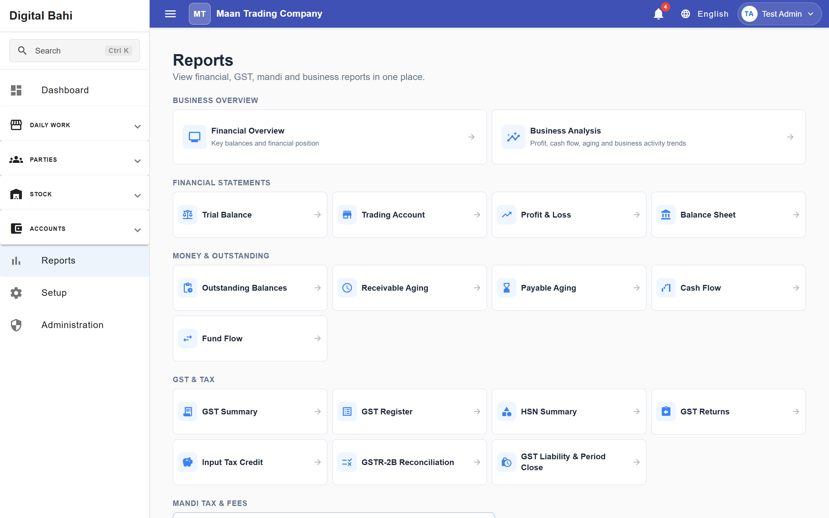 Digital Bahi financial reports center with daily trade books, party balance sheets, and audit totals