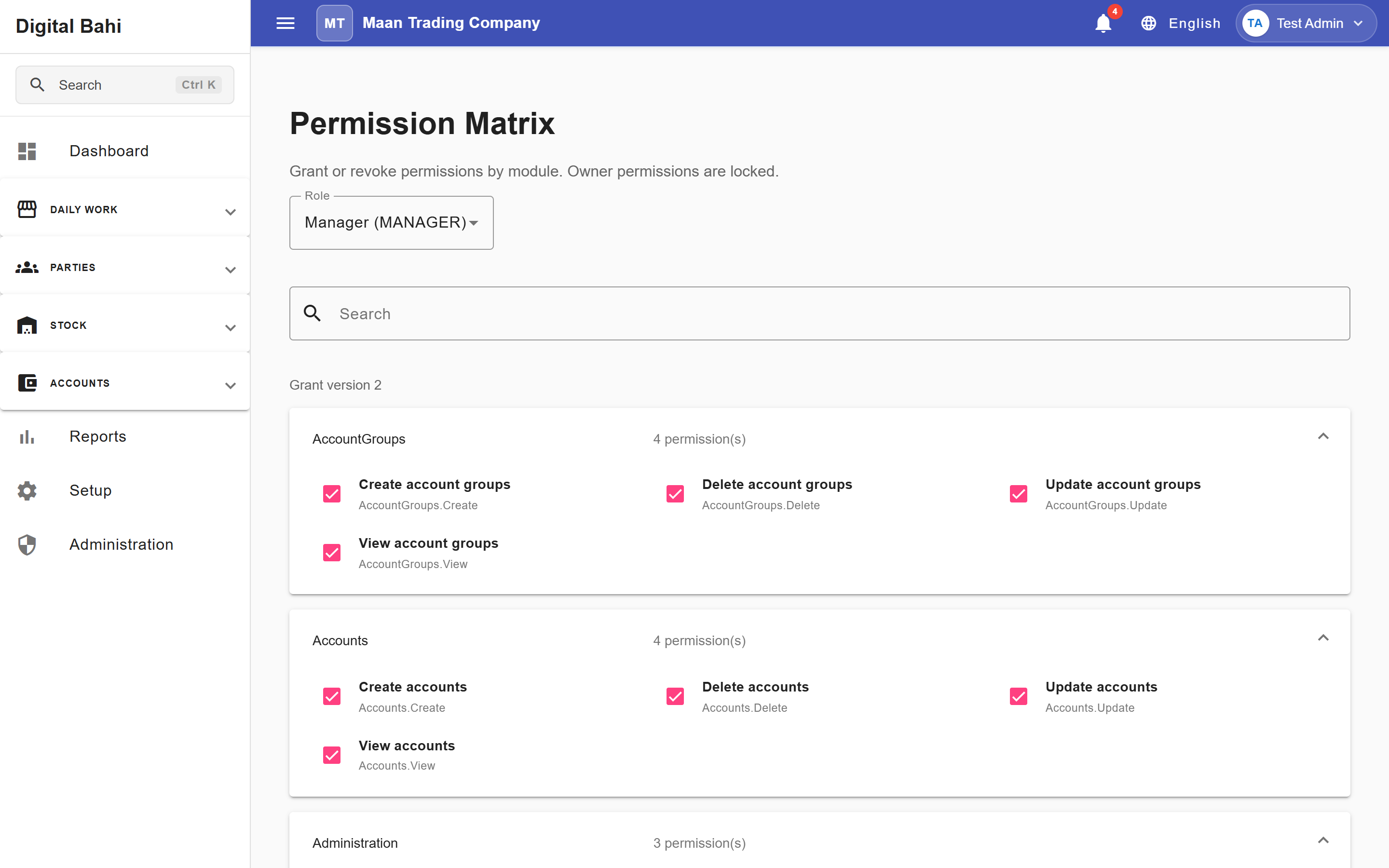 Digital Bahi role-based permission matrix controlling staff access across modules