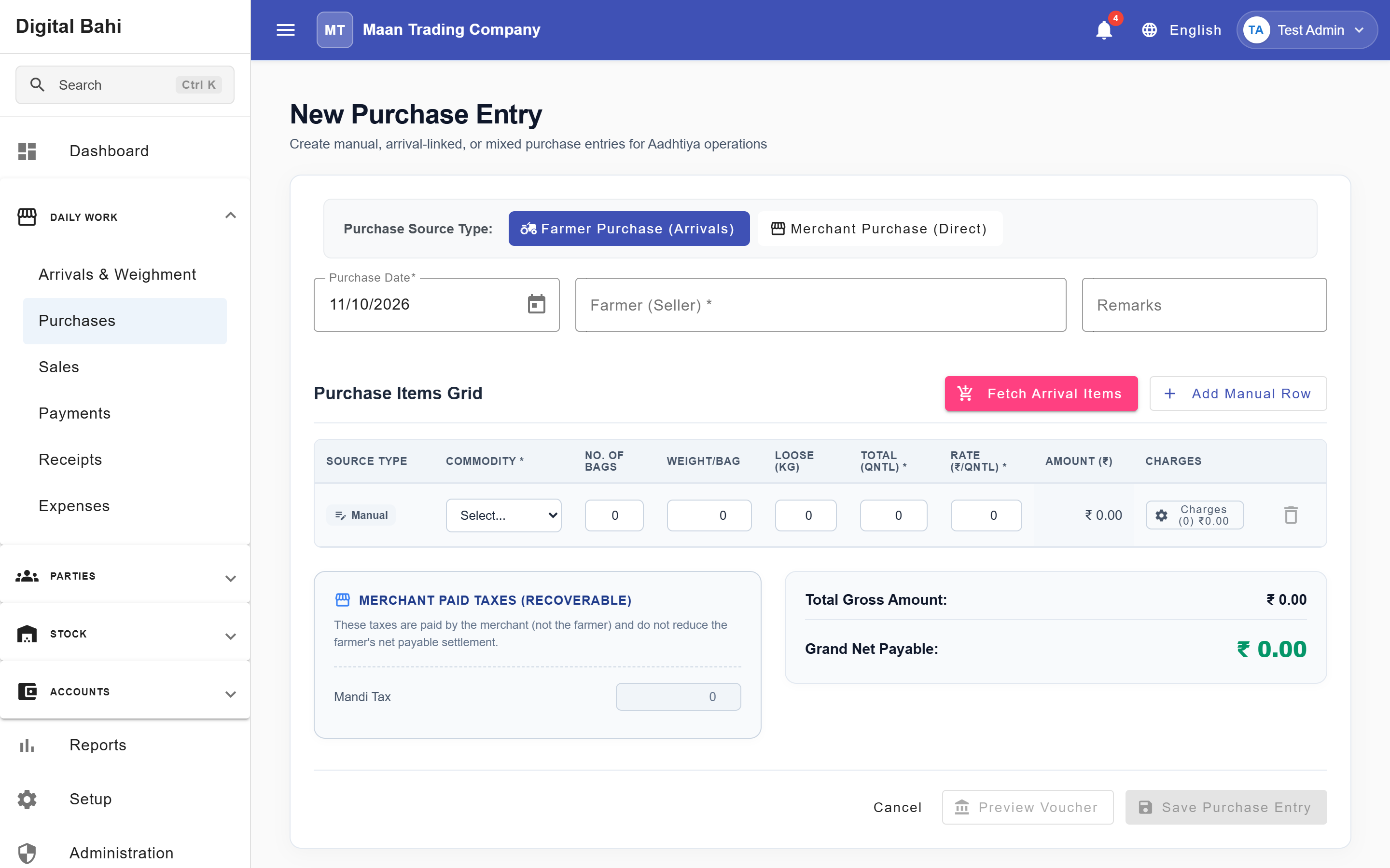Digital Bahi rapid purchase inward form with automated commission, per-bag Maldhari labour, and net farmer settlement calculations